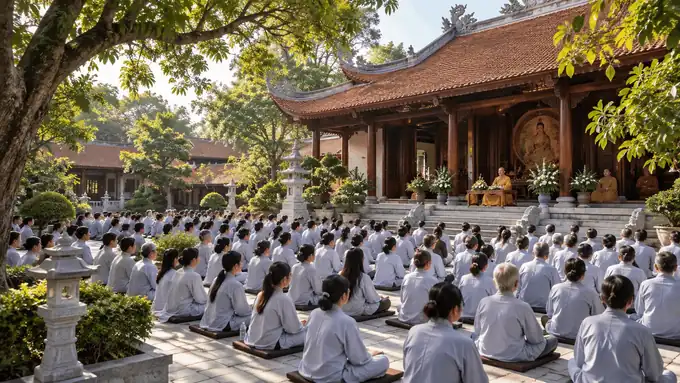 Phật tử tham dự khóa tu tại chùa