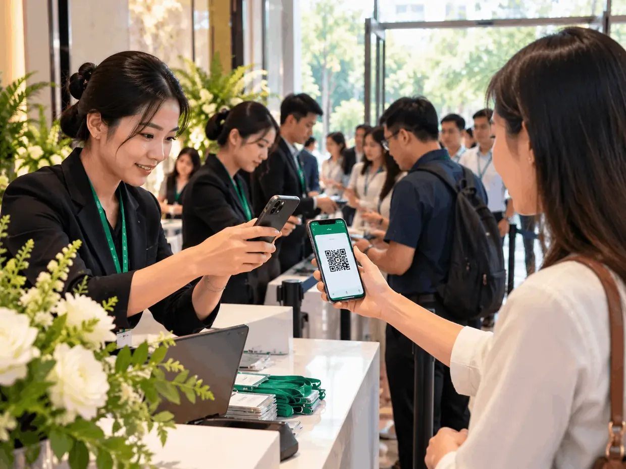 Khách quét mã QR để check-in tại bàn đón tiếp